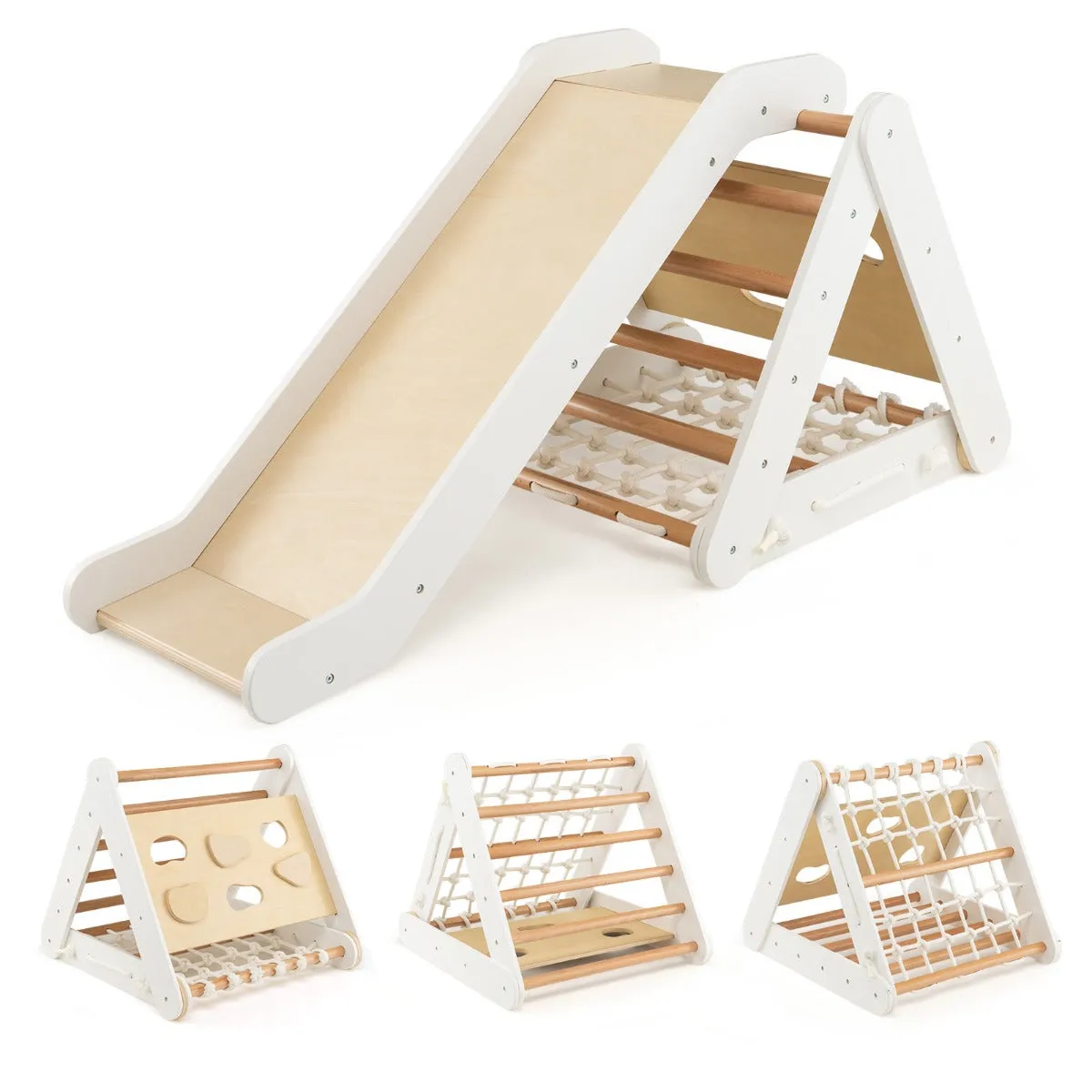 4-in-1 Wooden Triangle Climbing Set with Ramp Sliding Board-White