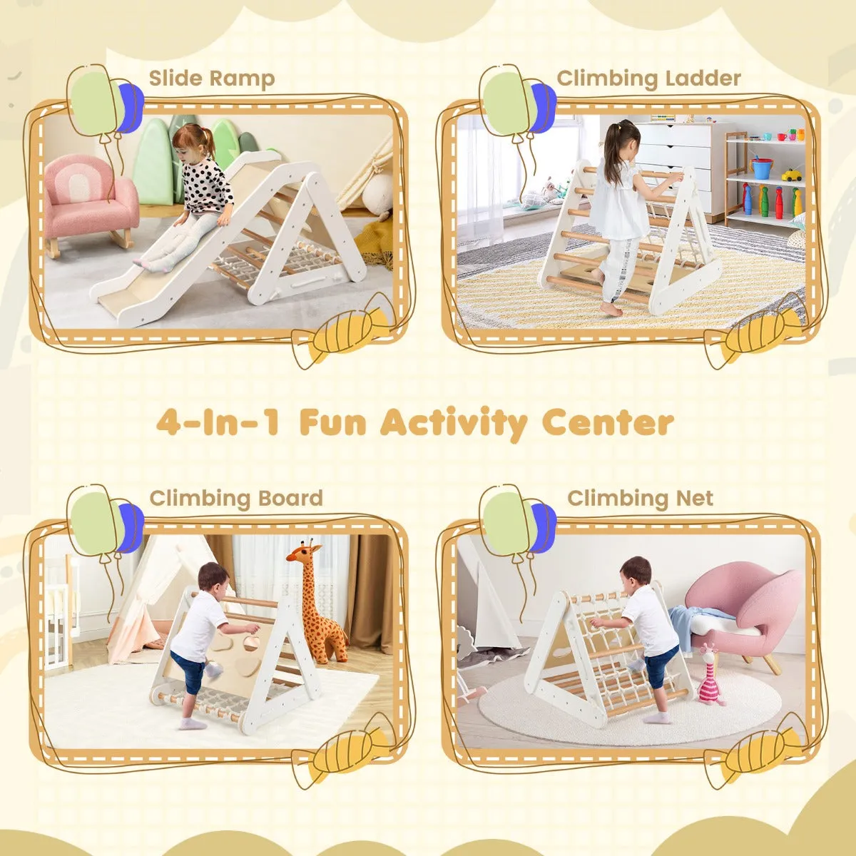 4-in-1 Wooden Triangle Climbing Set with Ramp Sliding Board-White