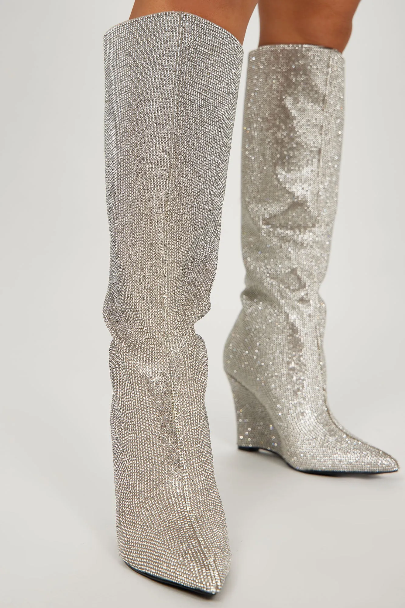 All The Glam Rhinestone Knee High Boots - Silver