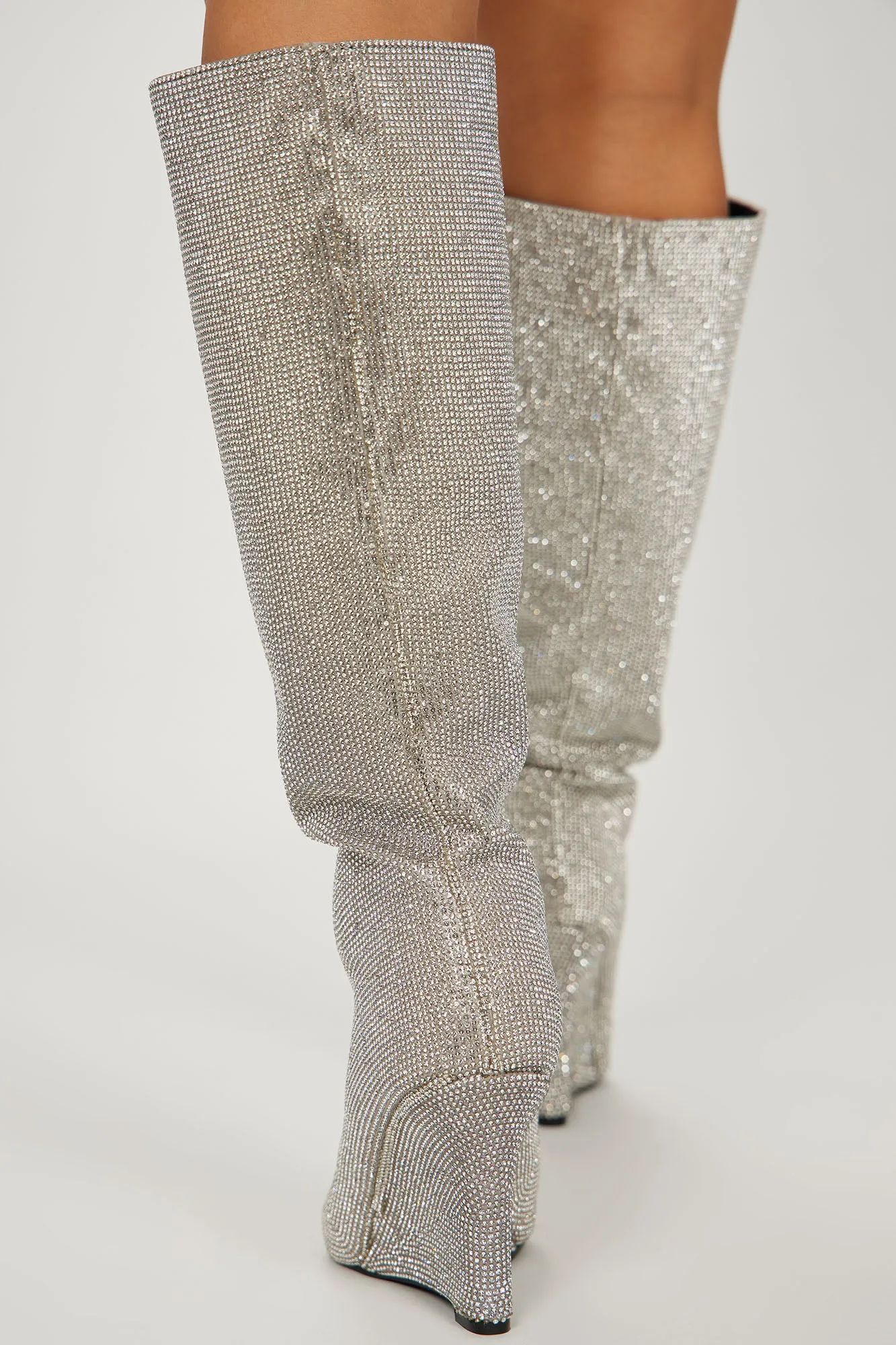 All The Glam Rhinestone Knee High Boots - Silver