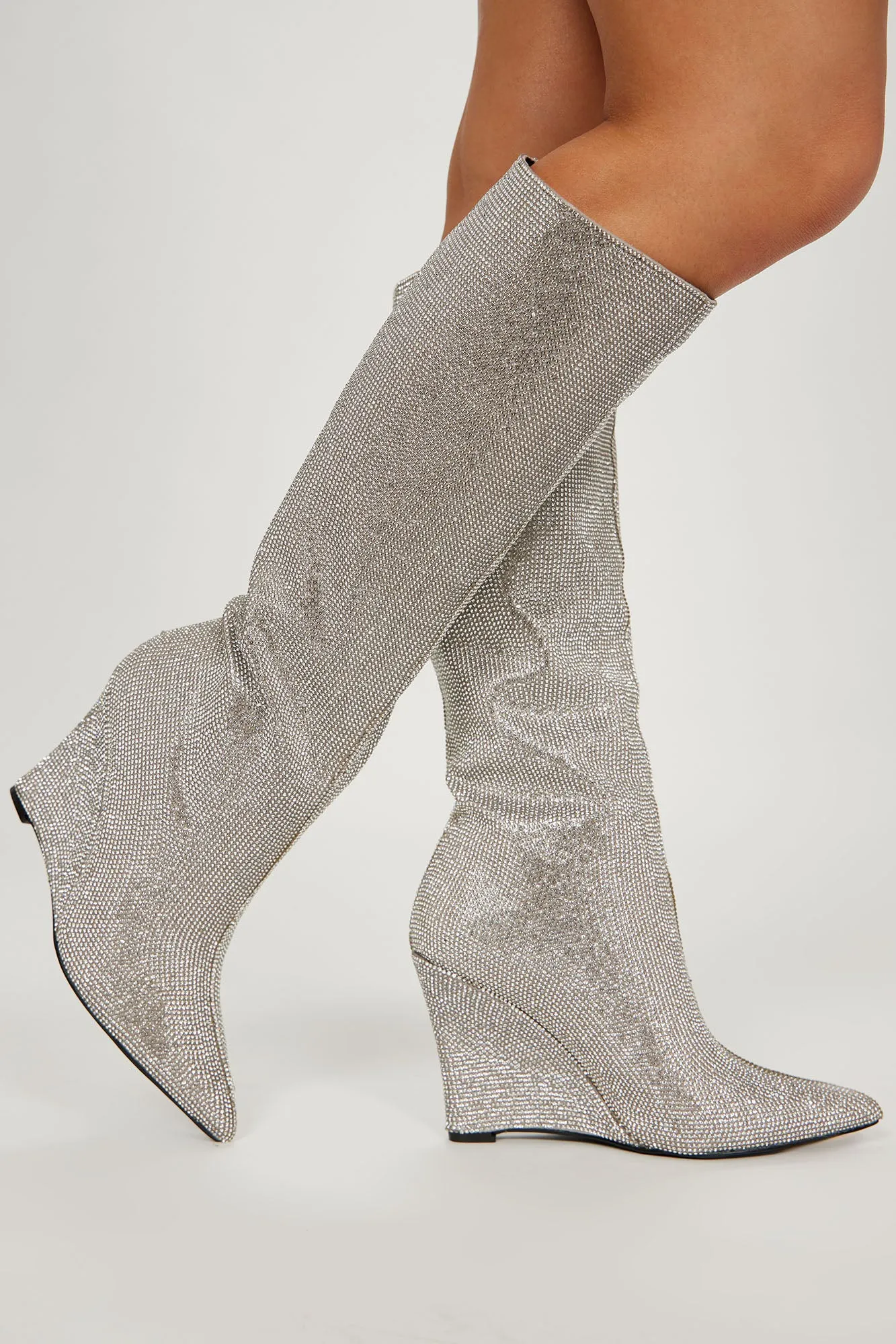 All The Glam Rhinestone Knee High Boots - Silver