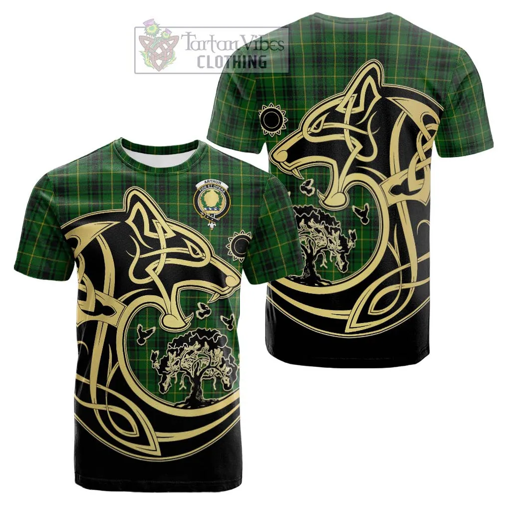 Arthur Tartan Cotton T-shirt with Family Crest Celtic Wolf Style