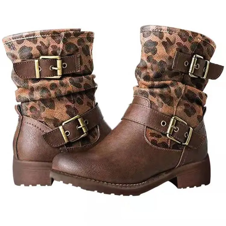 Autumn and winter new leopard print high round toe knight boots belt buckle low heel Martin boots