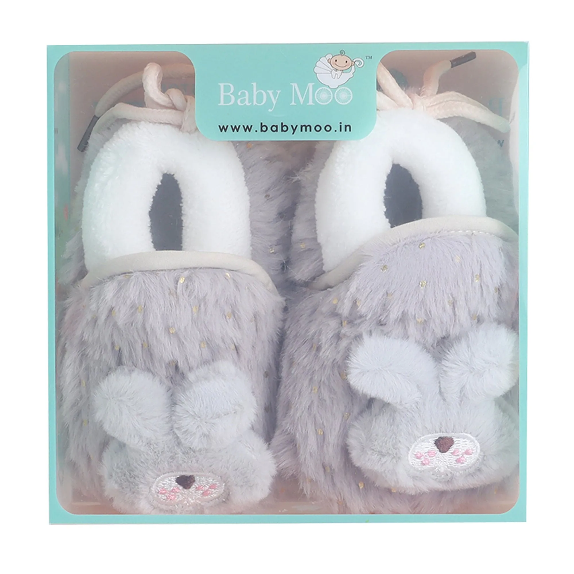 Baby Moo 3D Bunny Soft Slip-On Anti-Skid Plush Warm Booties - Grey