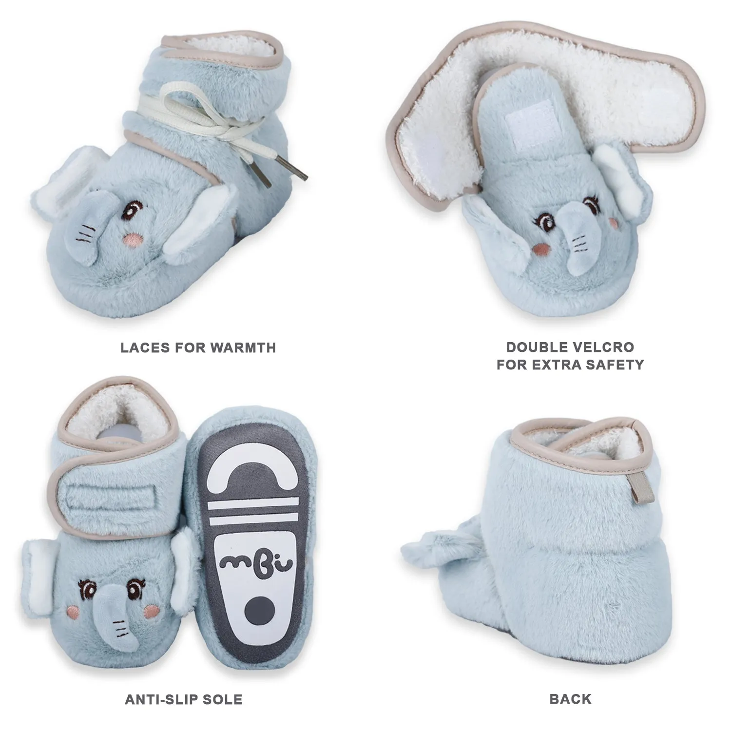 Baby Moo 3D Elephant Cozy Soft Velcro Furry Booties - Sky Blue