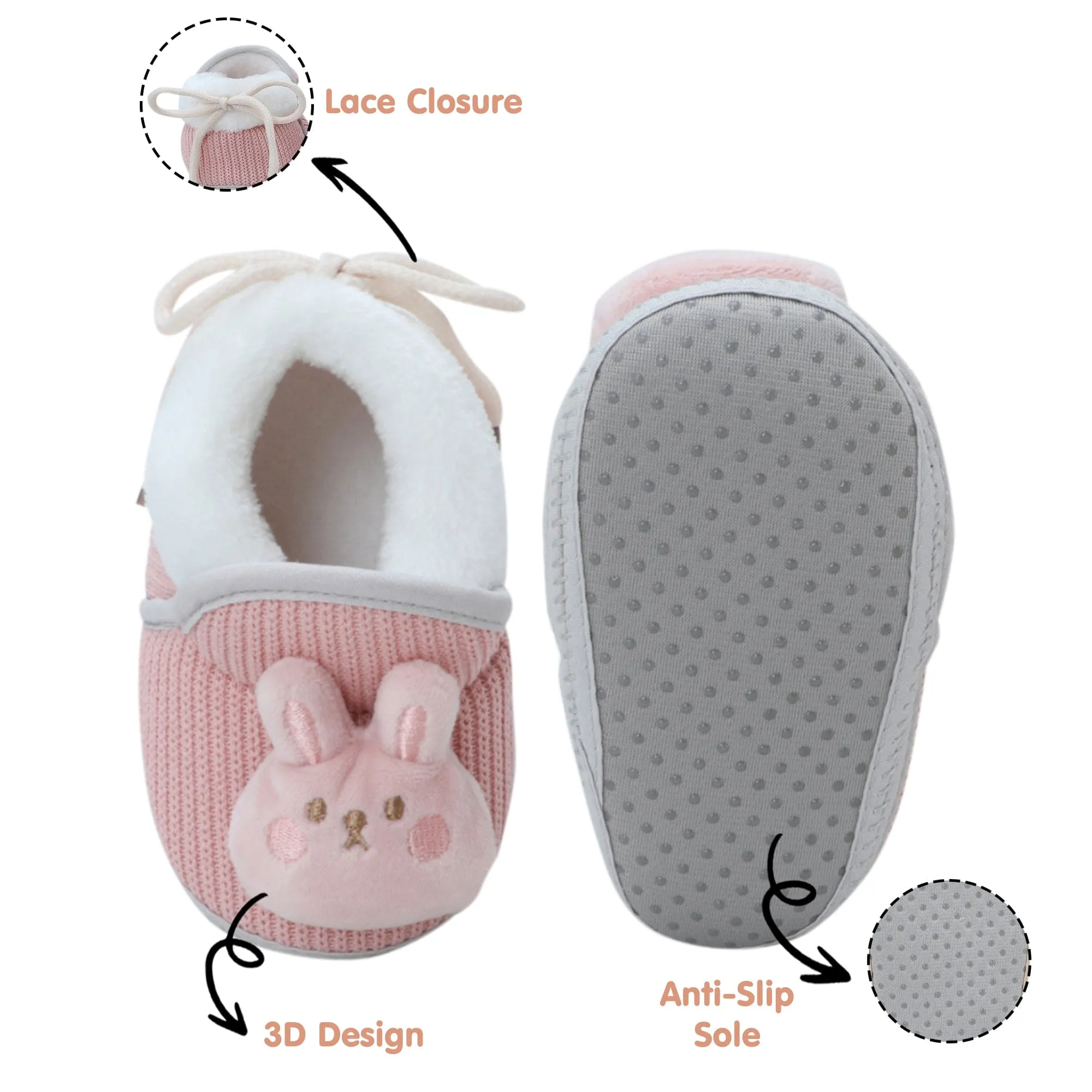 Baby Moo 3D Kitty Ribbed Soft Slip-On Anti-Skid Plush Warm Booties - Peach