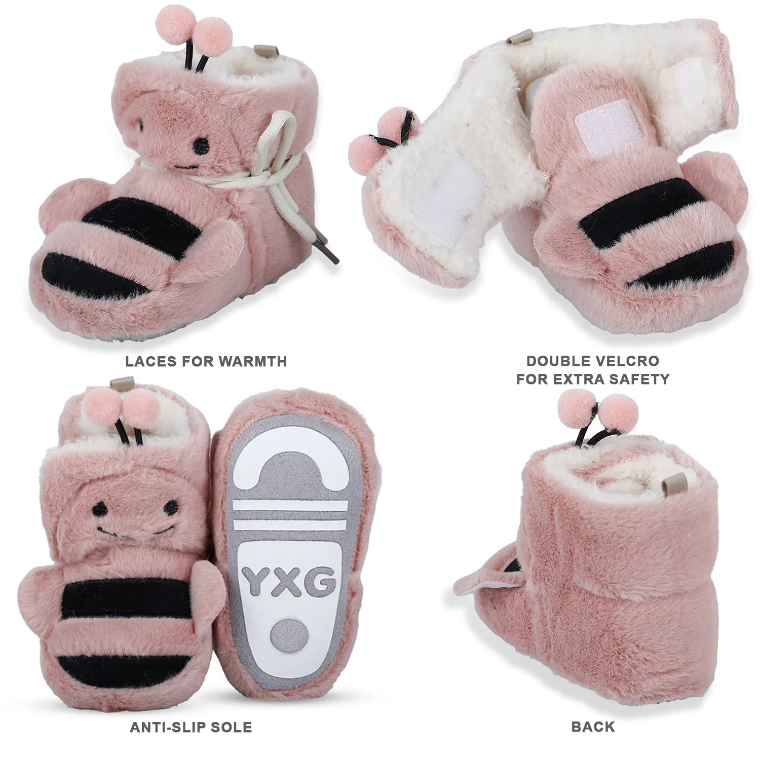 Baby Moo Bumble Bee 3D Warm Furry Booties - Pink