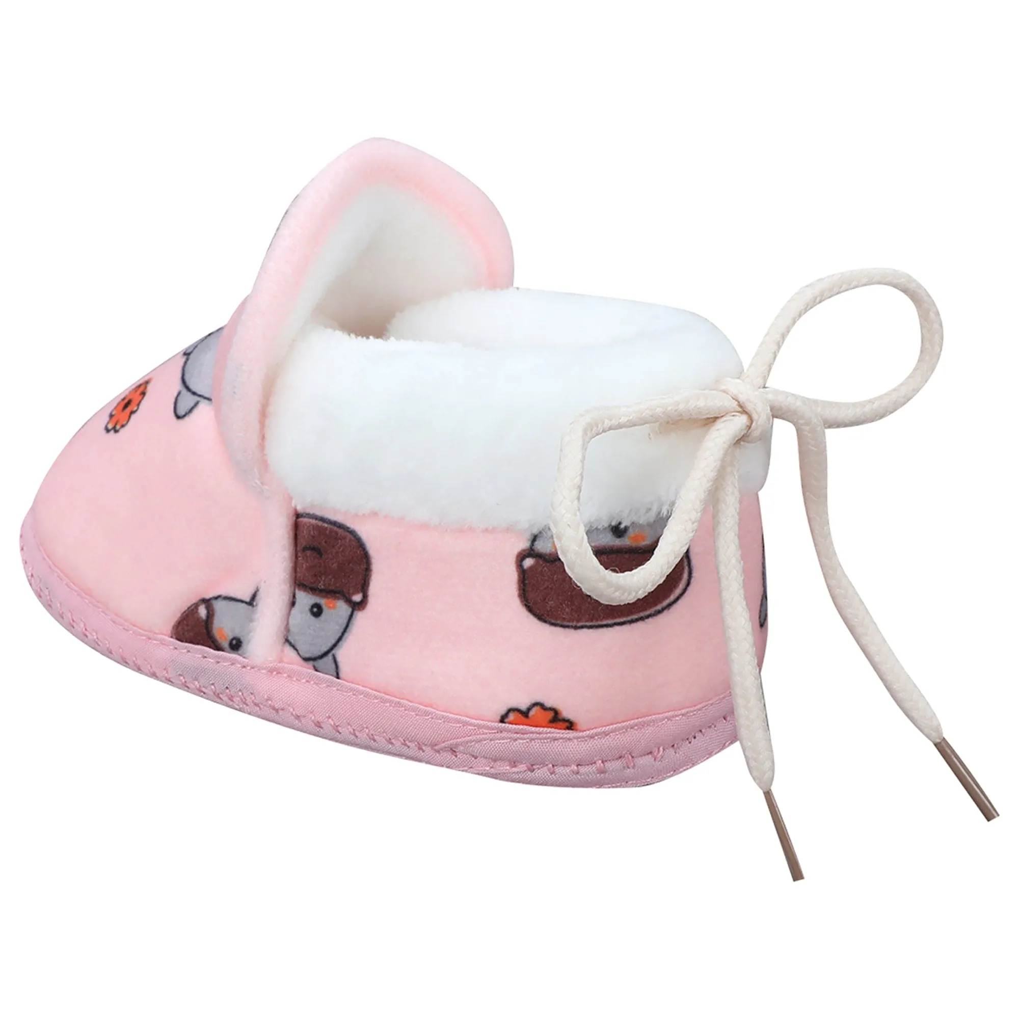 Baby Moo Hippo Face Printed Soft Slip-On Anti-Skid Plush Warm Booties - Pink