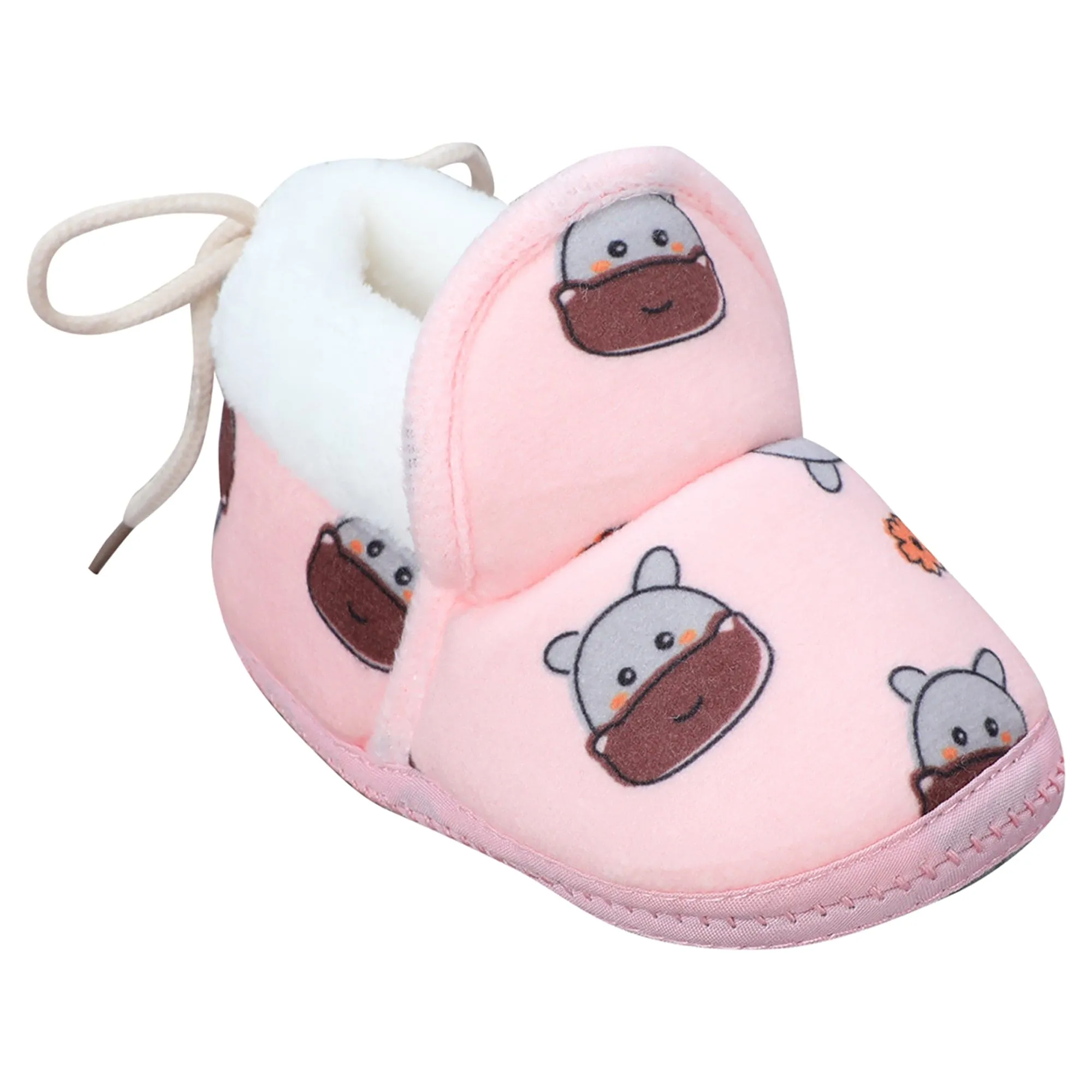 Baby Moo Hippo Face Printed Soft Slip-On Anti-Skid Plush Warm Booties - Pink