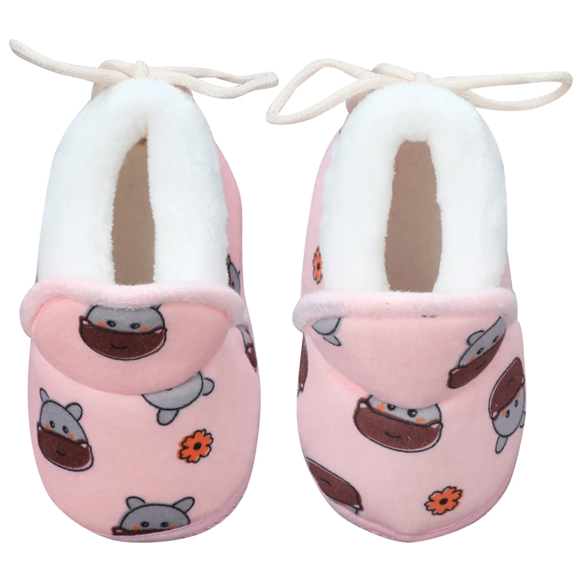 Baby Moo Hippo Face Printed Soft Slip-On Anti-Skid Plush Warm Booties - Pink