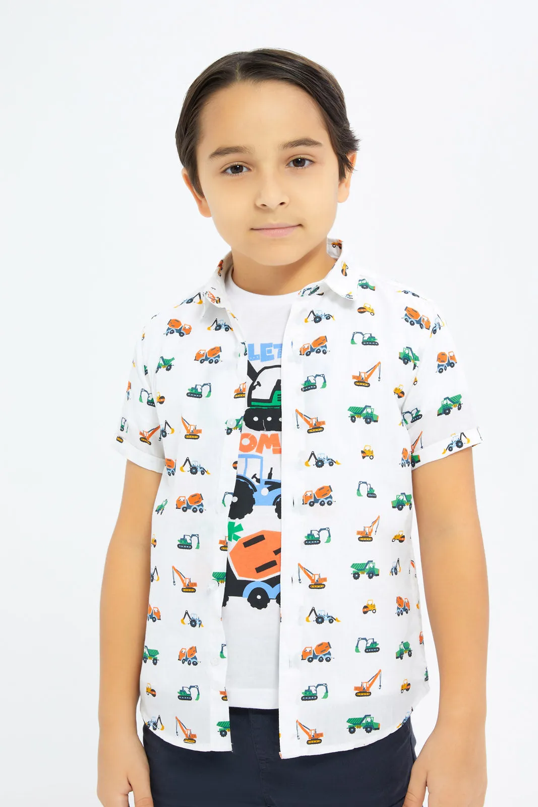 Boys White Printed Shirt Set (2 Piece)