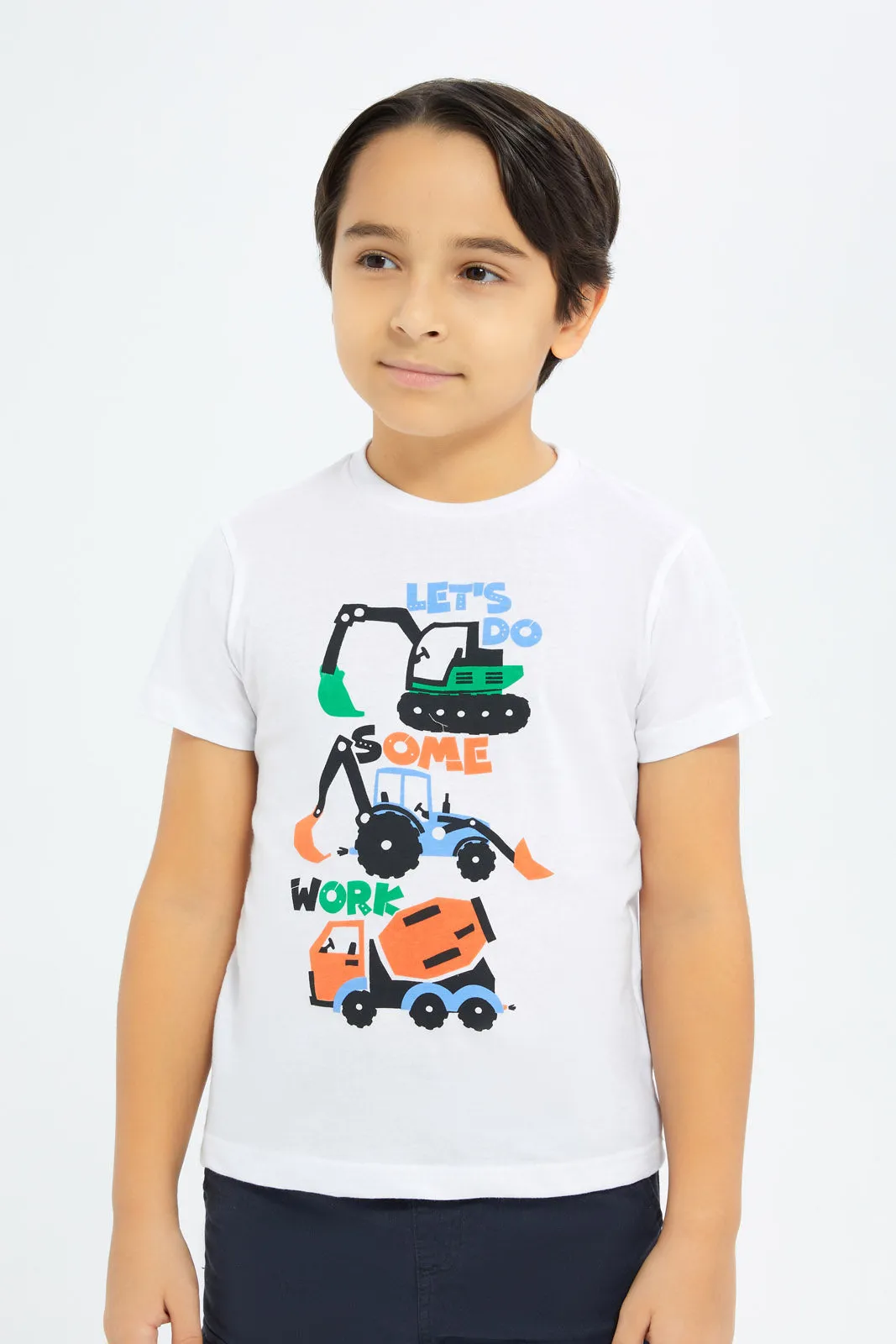 Boys White Printed Shirt Set (2 Piece)