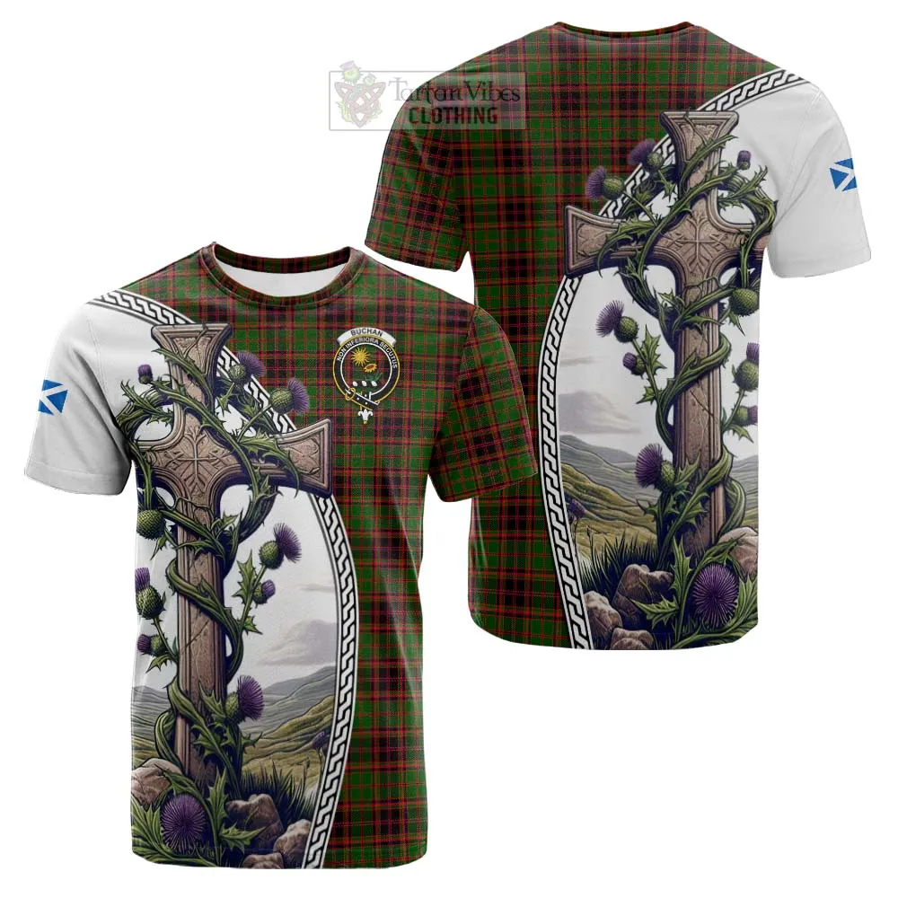 Buchan Tartan Cotton T-shirt with Family Crest and St. Andrew's Cross Accented by Thistle Vines