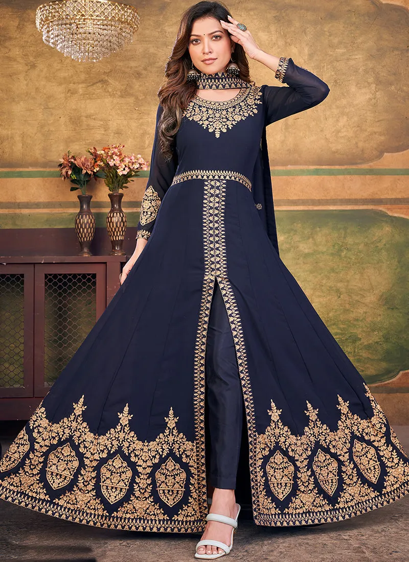 Dark Blue Slit Style Embroidered Anarkali Pants Suit