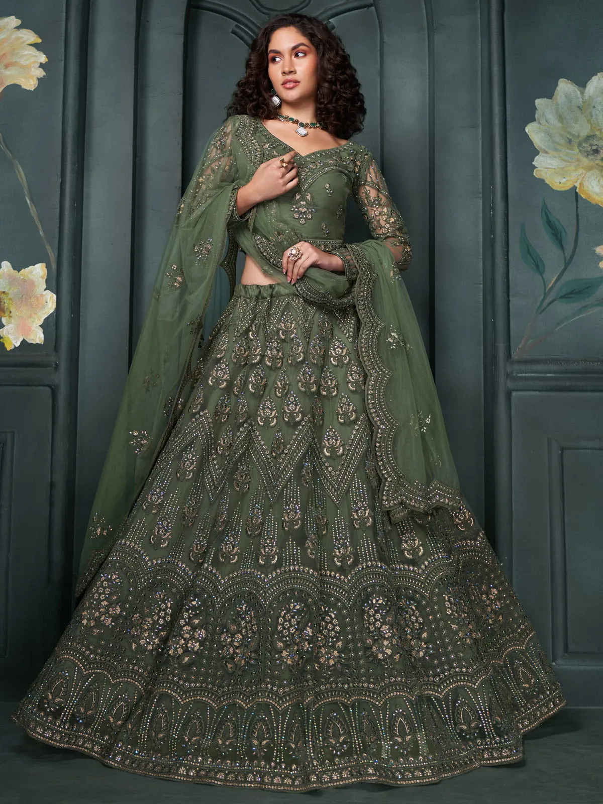 Dark Green Embroidered Lehenga Choli