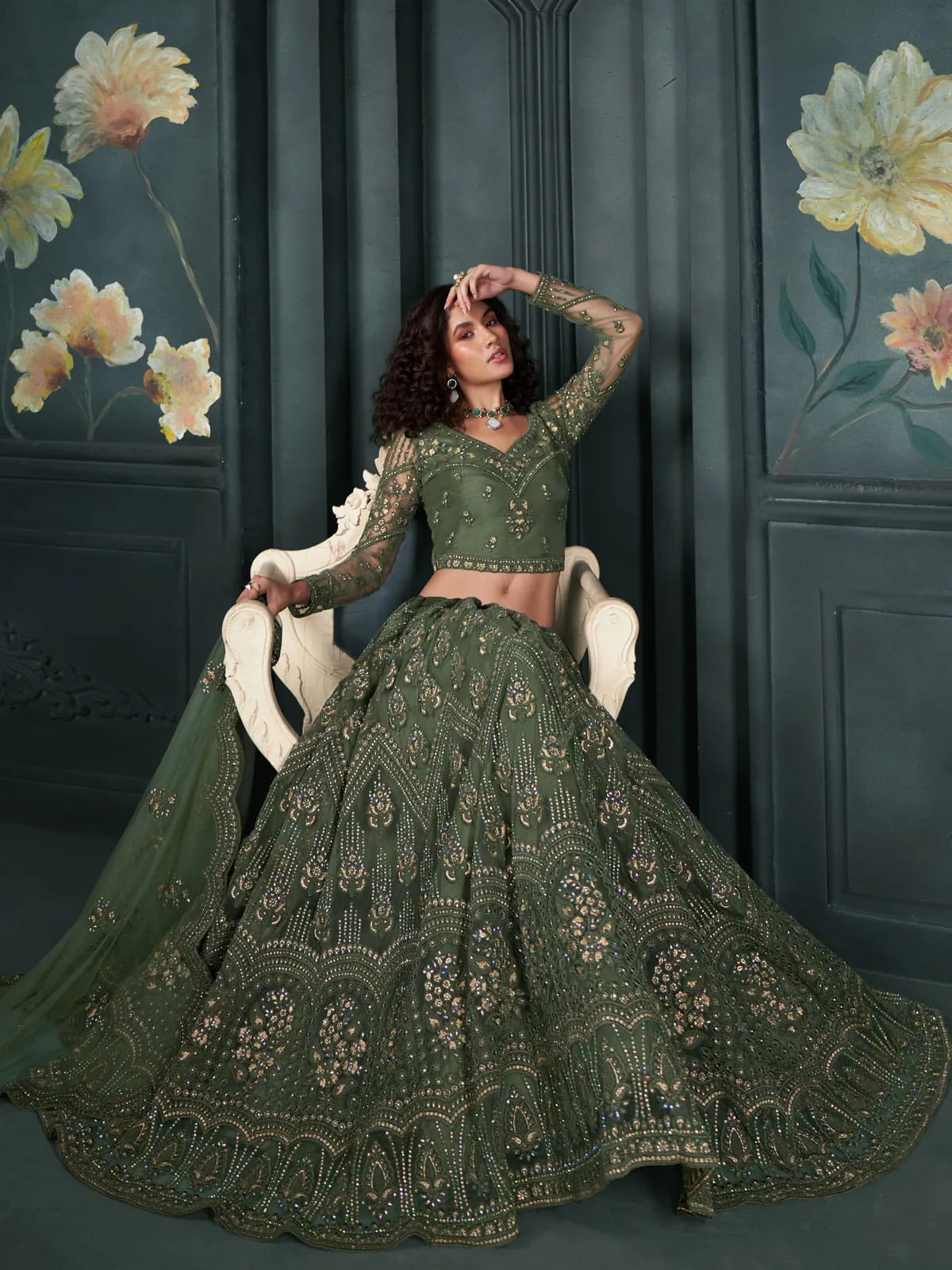 Dark Green Embroidered Lehenga Choli