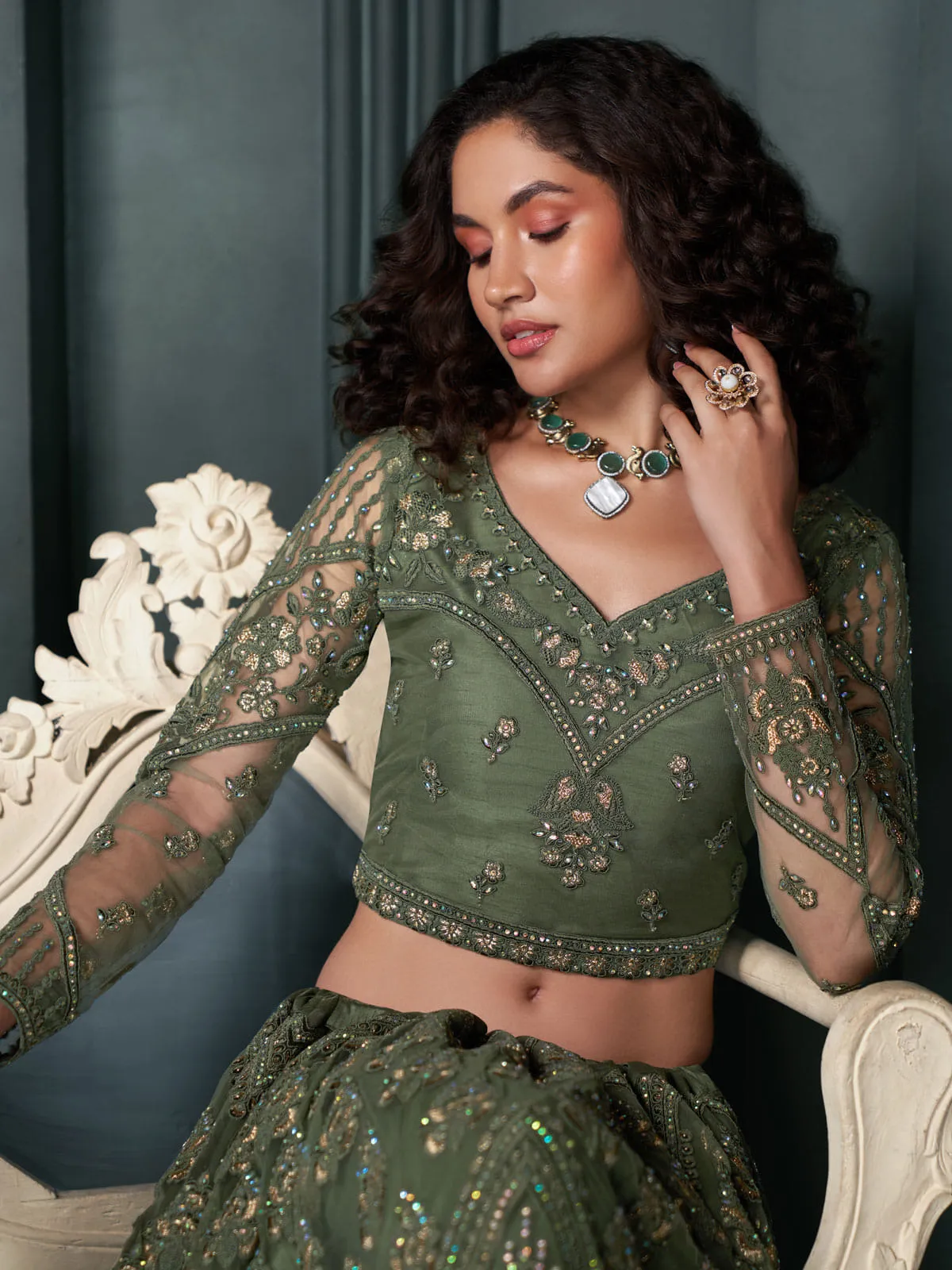 Dark Green Embroidered Lehenga Choli