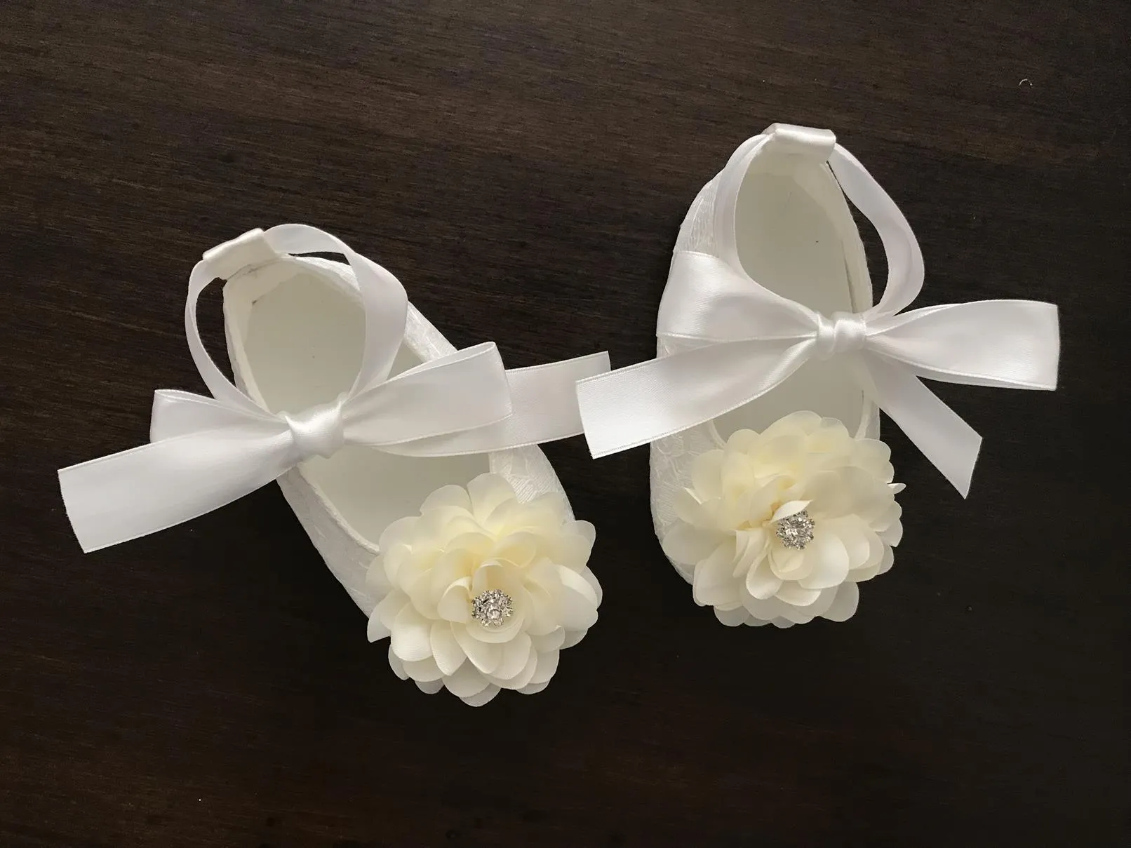 French White Baptism Shoes for Girls with Ivory Flowers and Rhinestones