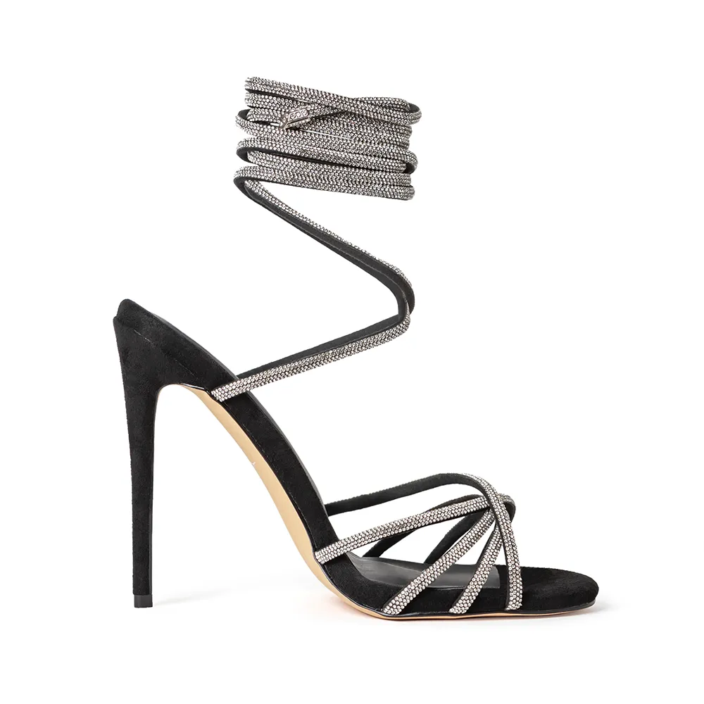 Grace Black Vegan Suede Crystal Wrap Sandal Heels