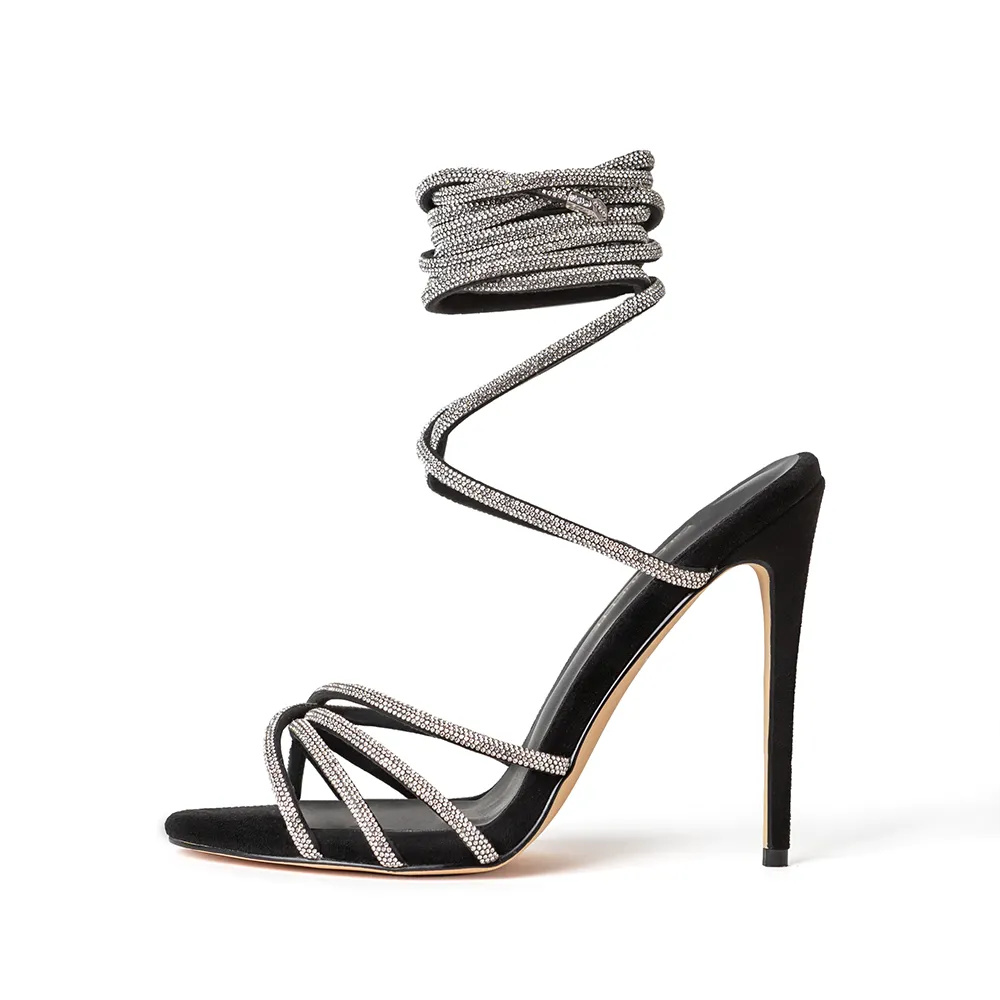 Grace Black Vegan Suede Crystal Wrap Sandal Heels