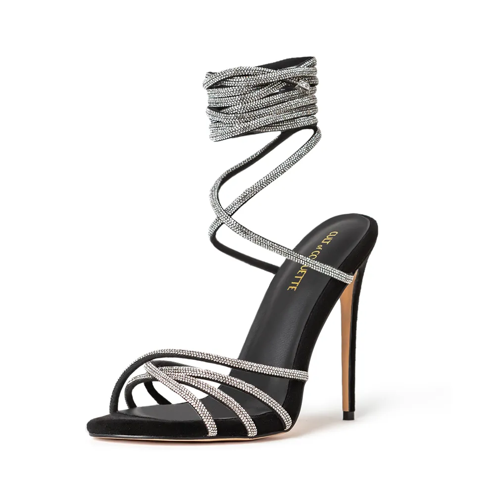 Grace Black Vegan Suede Crystal Wrap Sandal Heels