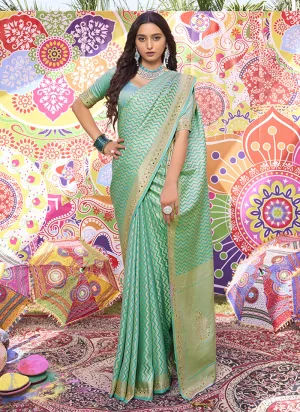 Green Mirror And Stone Work Embroidery Brocade Satin Silk Saree