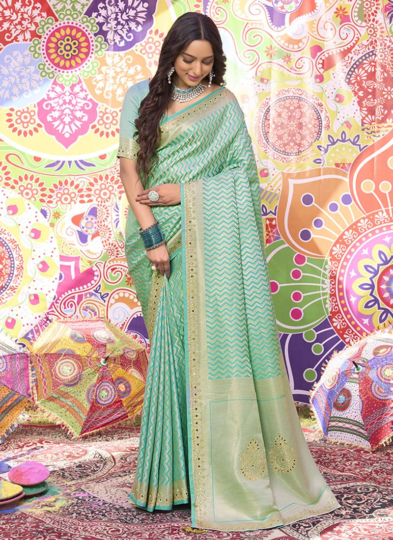 Green Mirror And Stone Work Embroidery Brocade Satin Silk Saree