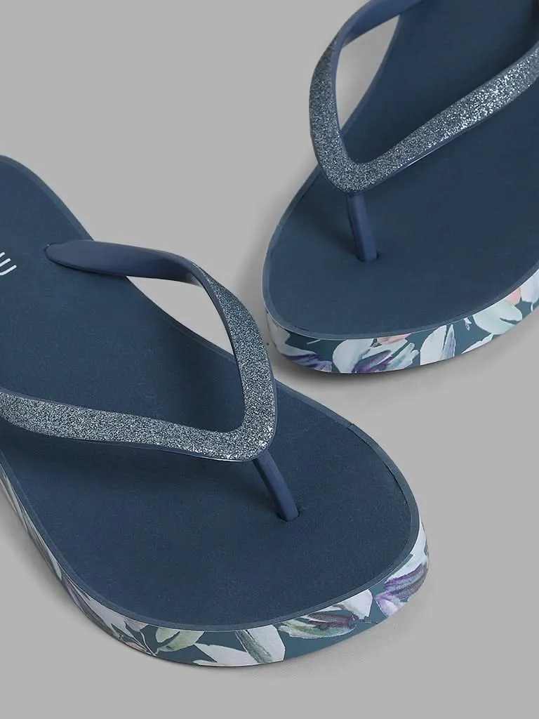 LUNA BLU Blue Floral Printed Wedge Flip Flop