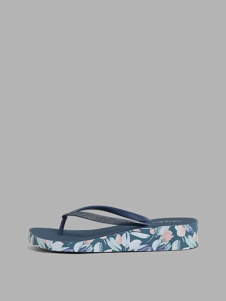 LUNA BLU Blue Floral Printed Wedge Flip Flop