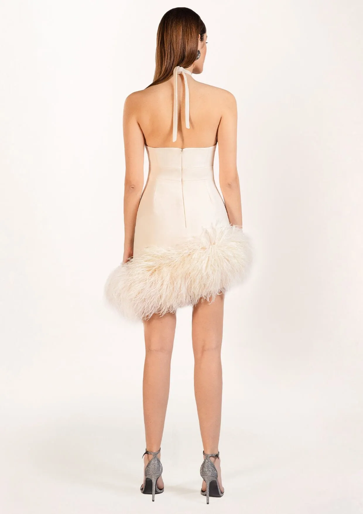 Mia Feathered Crystal Crepe Mini Dress