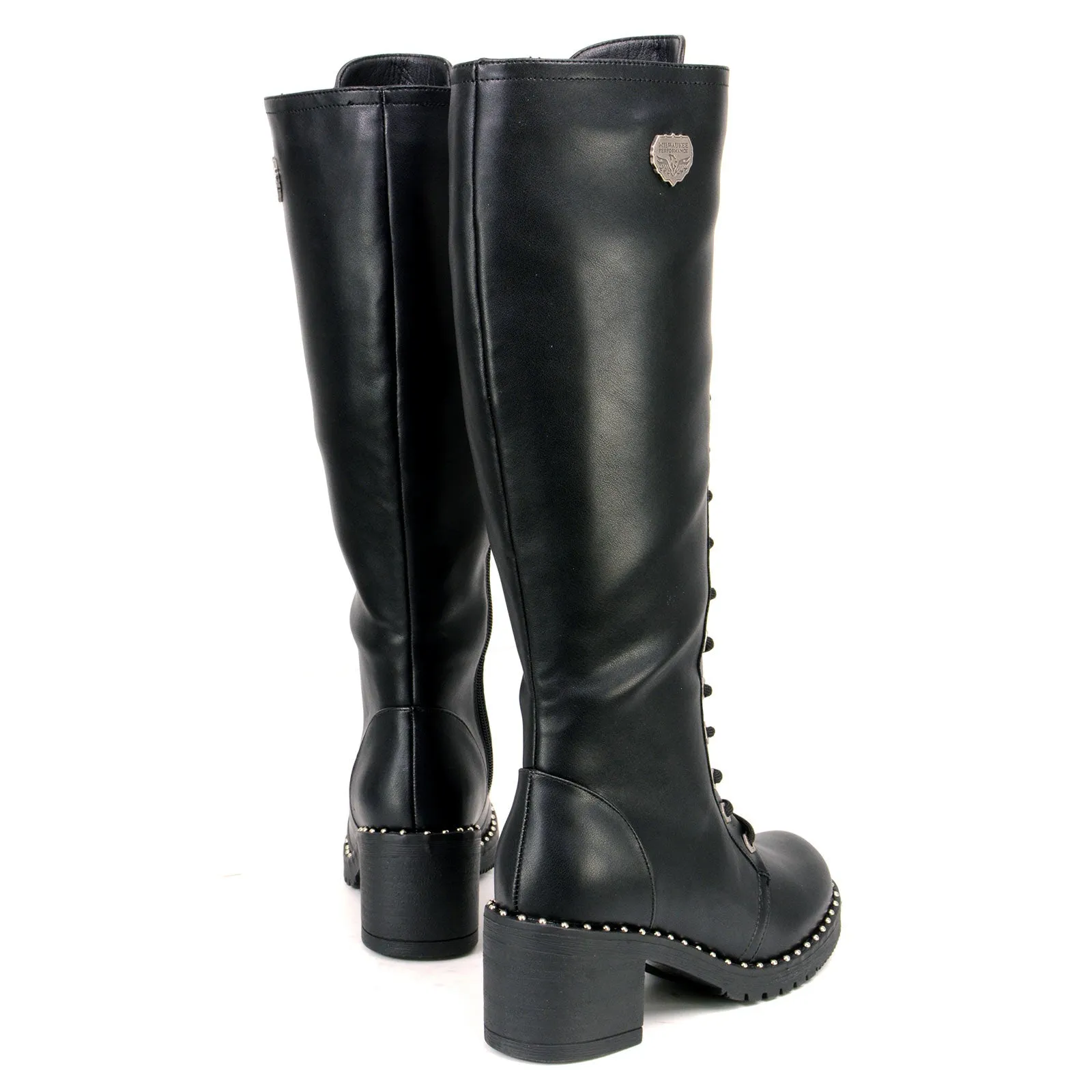 Milwaukee Leather MBL9442 Women's Black Lace-Up Tall Biker Fashion Boots with Platform Heel & Studs