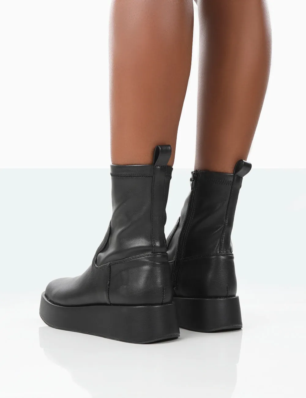 Not Okay Black Pu Chunky Sole Platform Sock Ankle Boots