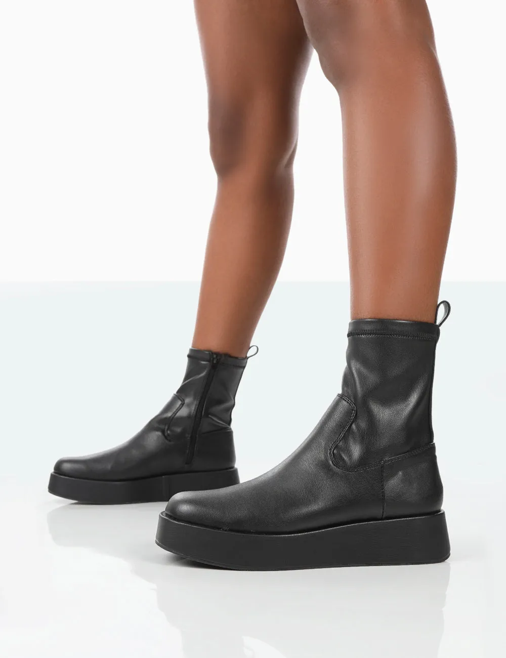 Not Okay Black Pu Chunky Sole Platform Sock Ankle Boots