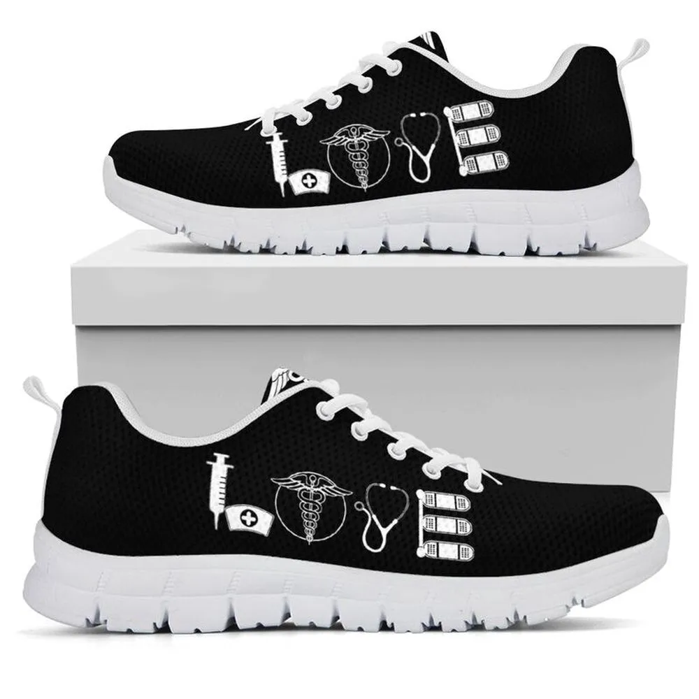 Nurse Sneaker, Nurse Love All Black Sneakers Shoes, Best Shoes For Nurses