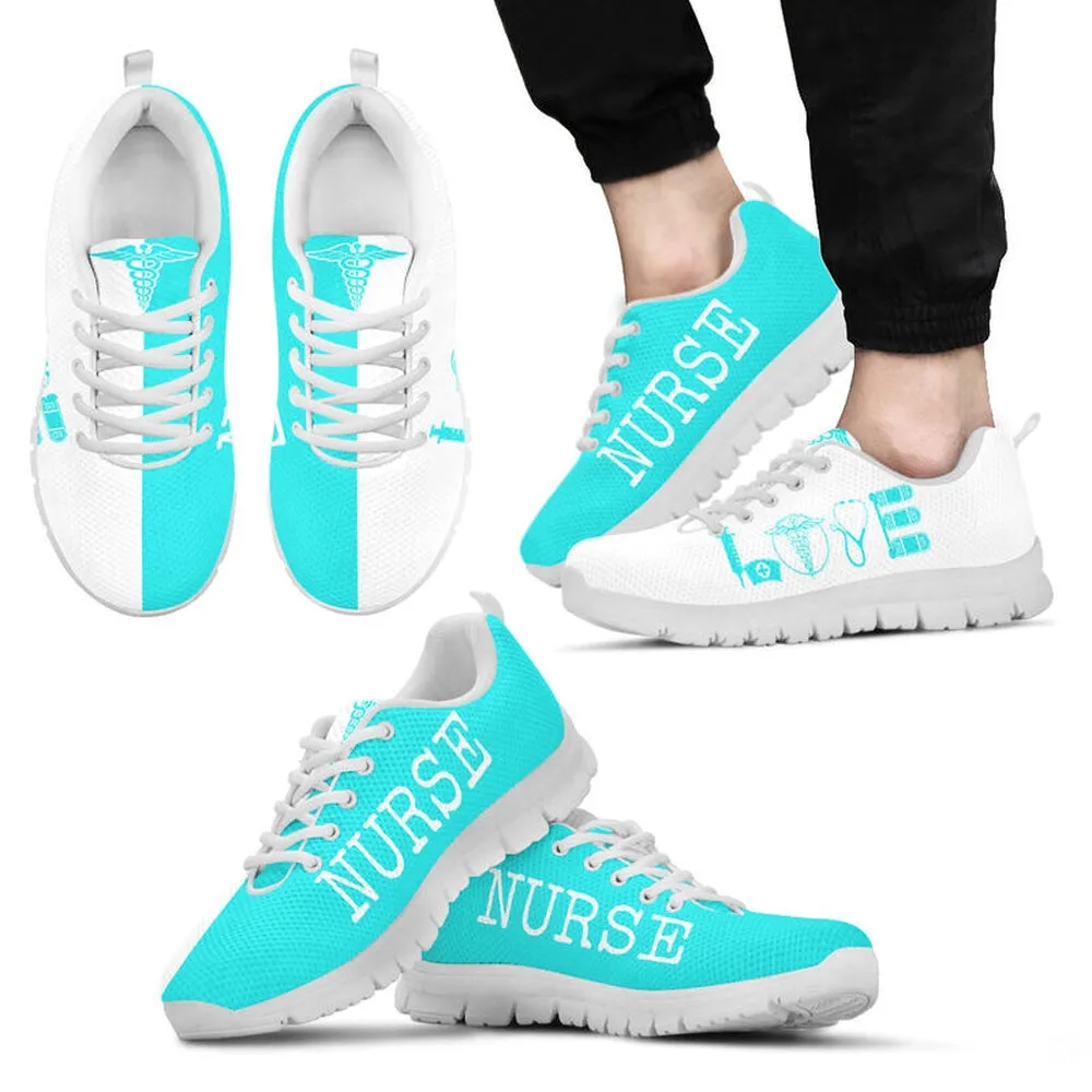 Nurse Sneaker, Nurse Love Light Blue White Sneakers Shoes, Best Shoes For Nurses