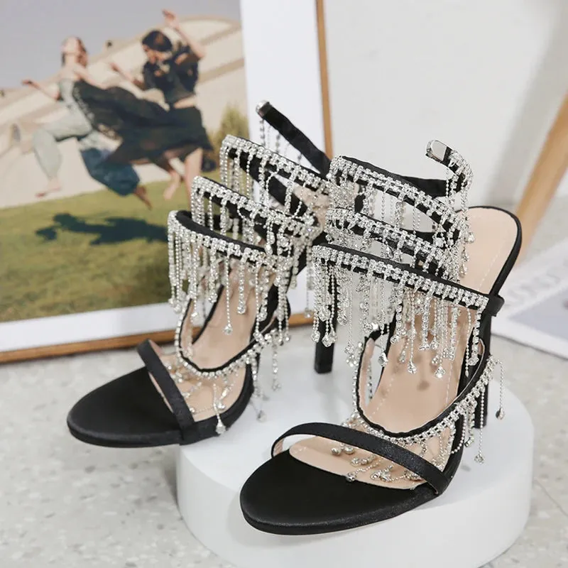 Runway Style Glitter Crystal Tassel Snake Coiled Women Sandals Sexy Stiletto High Heels Summer Fashion Party Prom Shoes