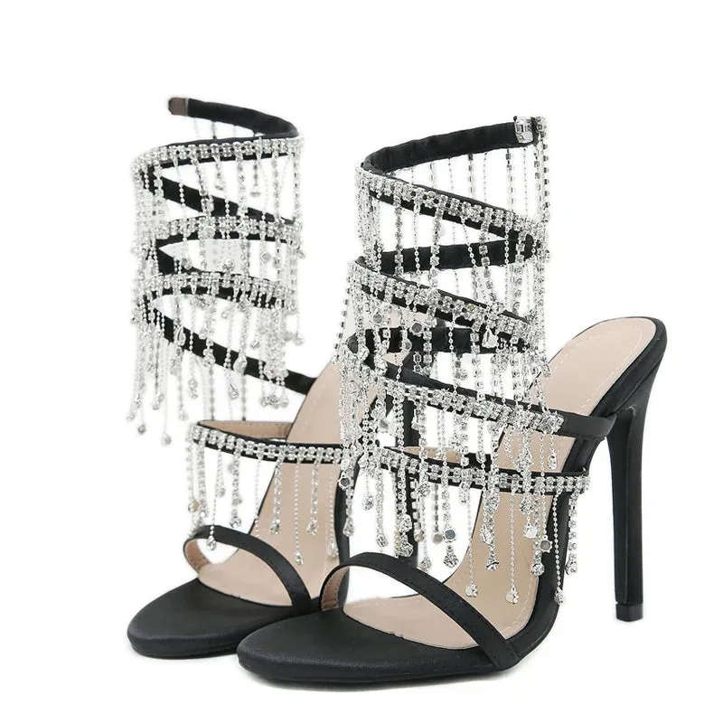 Runway Style Glitter Crystal Tassel Snake Coiled Women Sandals Sexy Stiletto High Heels Summer Fashion Party Prom Shoes