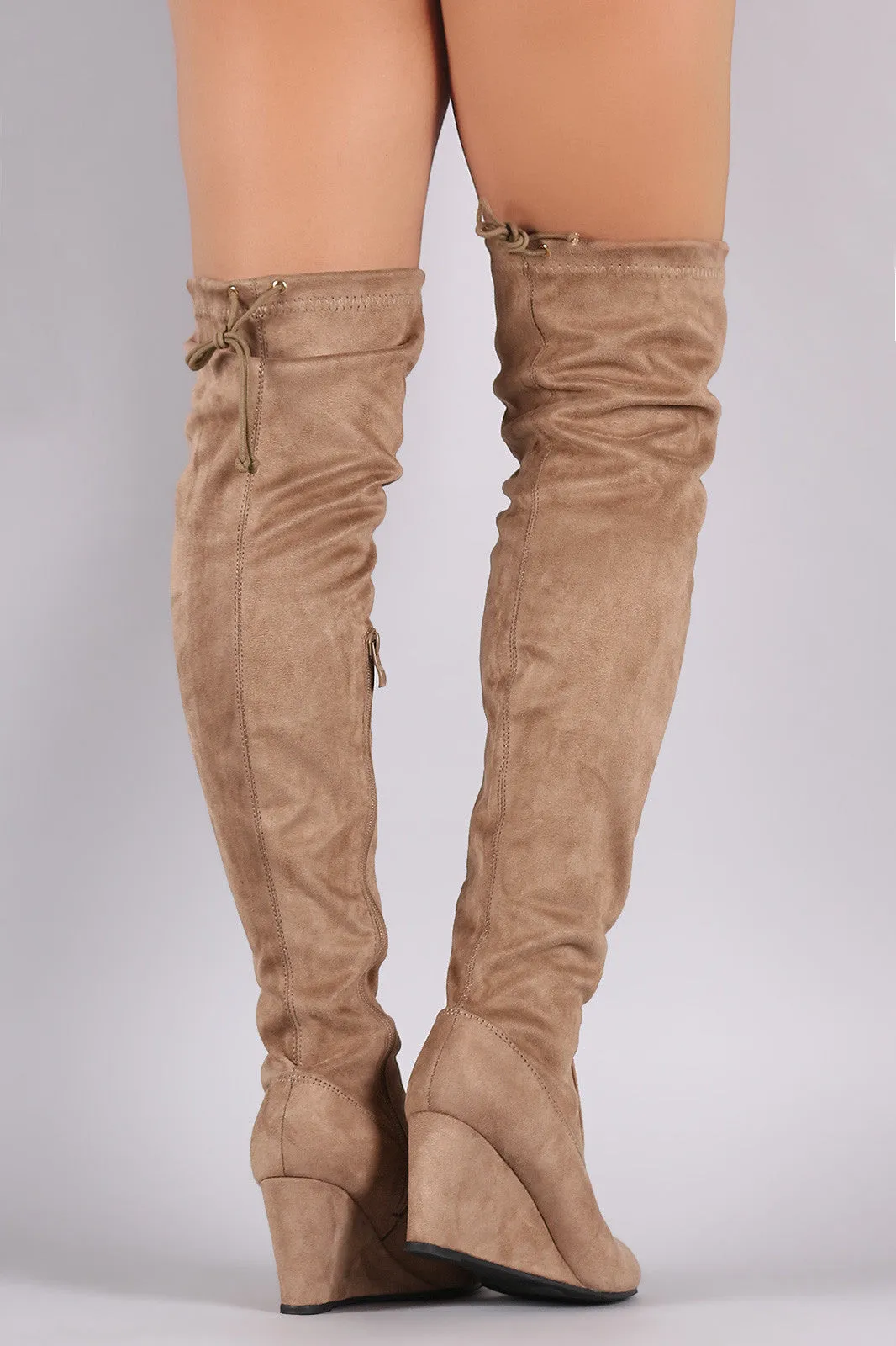 Suede Drawstring Tie Over-The-Knee Wedge Boots