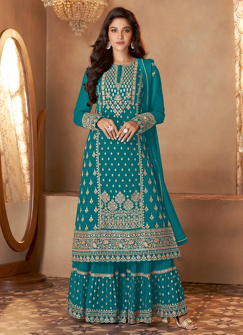 Turquoise Golden Embroidered Indian Designer Sharara Suit