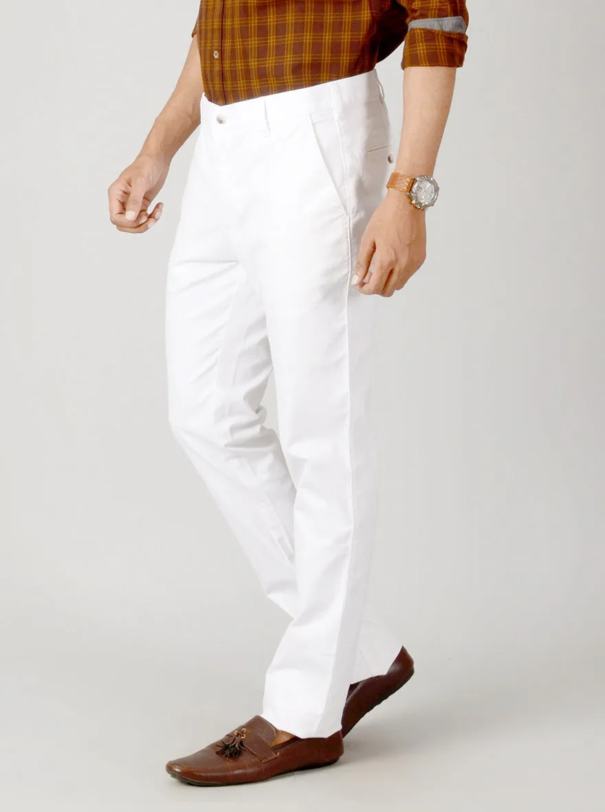 White Self Textured Slim Fit Casual Trouser | Greenfibre