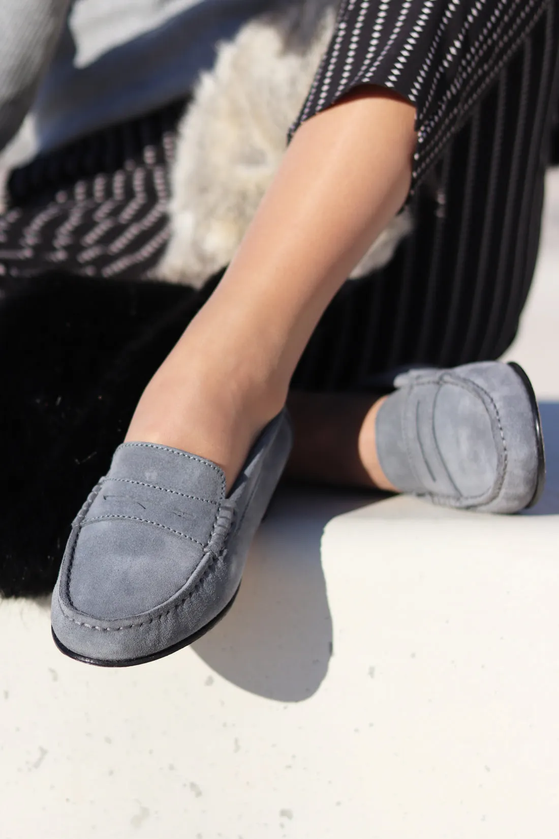 Women's Penny Loafers Leather Sole, slate grey suede